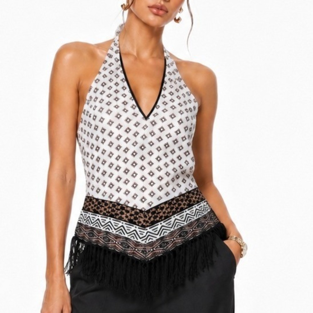 White House Black‎ Market Geometric Halter Top Fringe Tassel White Black Brown S